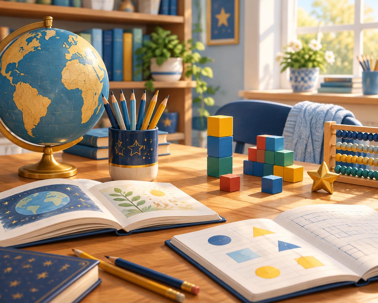 A bright study desk with books, pencils, a globe and maths blocks